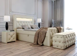 Boxspringbett Mit LED-Beleuchtung, Topper Und Nachttisch -Qualitätshausladen boxspringbett mit led beleuchtung topper und nachttisch farbe creme