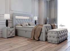 Boxspringbett Mit LED-Beleuchtung, Topper Und Nachttisch -Qualitätshausladen boxspringbett mit led beleuchtung topper und nachttisch farbe grau