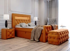 Boxspringbett Mit LED-Beleuchtung, Topper Und Nachttisch -Qualitätshausladen boxspringbett mit led beleuchtung topper und nachttisch farbe terra 1