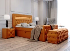 Boxspringbett Mit LED-Beleuchtung, Topper Und Nachttisch -Qualitätshausladen boxspringbett mit led beleuchtung topper und nachttisch farbe terra 2