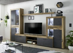 Wohnwand In Rustikaler Alteiche-Optik Mit LED-Beleuchtung